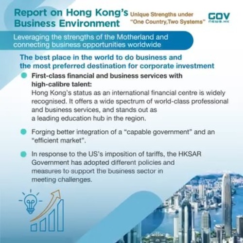 Wide open for business! Unveiling its "Report on Hong Kong's Business Environment: Unique Strengths under 'One Country, Two Systems'" yesterday (Jul 30), the Hong Kong SAR Government encouraged investors to capitalise on the city's dual advantage of having close links to both Mainland China and the world, and to seize new opportunities that emerge under the framework of "One Country, Two Systems". The Report also noted that Hong Kong has recovered from the challenges of the past few years to provide investors with an open, safe, stable, efficient, and internationalised business environment. Learn more.   https://www.info.gov.hk/gia/general/202507/30/P2025073000631.htm  #hongkong #brandhongkong #asiasworldcity #businessopportunities #businessenvironment #onecountrytwosystems