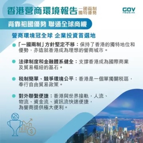 香港商機無限！香港特別行政區政府昨日（7月30日）發布《香港營商環境報告：一國兩制 獨特優勢》，鼓勵海内外投資者充分利用香港在「一國兩制」下內聯外通的獨特優勢和龐大機遇。報告說明香港這幾年在社會穩定下來、走出疫情以後，持續向好的發展，為投資者提供開放、安全、穩定、高效且國際化的營商環境。了解更多：https://www.info.gov.hk/gia/general/202507/30/P2025073000627.htm  #香港 #香港品牌 #亞洲國際都會 #營商機會 #營商環境 #一國兩制