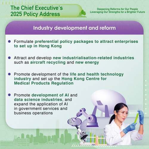 BREAKING: The #policyaddress2025 unveils initiatives to support Hong Kong’s industry development and reform, including preferential policy packages to attract enterprises to set up in #HongKong, developing new industrialisation-related industries such as aircraft recycling and new energy, promoting development of the life and health technology industry, AI and data science industries. www.policyaddress.gov.hk #hongkong #brandhongkong #asiasworldcity #policyaddress2025 #PA2025 #newindustrialisation #lifeandhealthtechnologyindustry