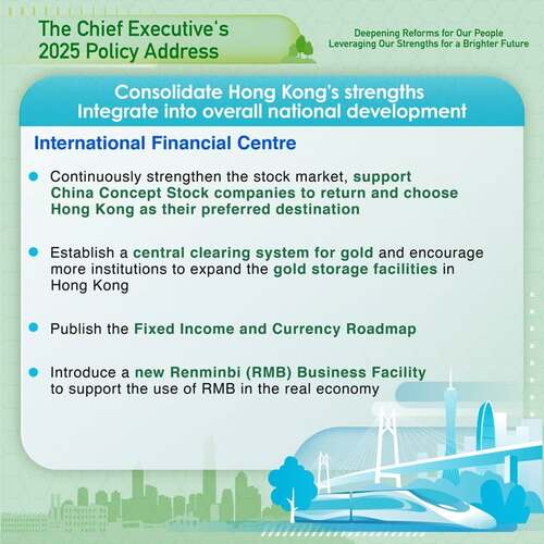 BREAKING: Hong Kong's status as an international financial centre will be consolidated by measures in the #policyaddress2025 including supporting China Concept Stock companies to return and choose #HongKong as their preferred destination, establishment of a central clearing system for gold, introduction of a new Renminbi (RMB) Business Facility. www.policyaddress.gov.hk #hongkong #brandhongkong #asiasworldcity #policyaddress2025 #PA2025 #financialservices #goldtrading