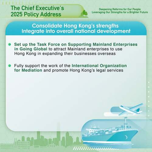 BREAKING: The #policyaddress2025 sets out initiatives to consolidate #HongKong’s strengths and integrate into overall national development, including setting up the Task Force on Supporting Mainland Enterprises in Going Global and fully supporting the work of the International Organization for Mediation. www.policyaddress.gov.hk #hongkong #brandhongkong #asiasworldcity #policyaddress2025 #PA2025 #IOMed