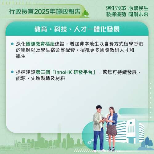 最新消息：#施政報告2025 宣布多項措施促進教育、科技、人才一體化發展，包括深化國際教育樞紐建設；提速建設第三個「InnoHK 研發平台」；推進低空經濟生態圈建設；及推廣知識產權交易。 www.policyaddress.gov.hk #香港 #香港品牌 #亞洲國際都會 #施政報告2025 #施政報告 #國際教育樞紐 #低空經濟 #知識產權