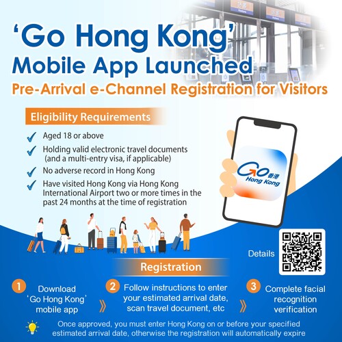 Good News for frequent visitors to Hong Kong!📢 The new ‘Go Hong Kong’ mobile app has officially launched, enabling eligible frequent travellers to complete their e-Channel enrolment on their smartphones before arrival. Simply download the app, scan your travel document, complete facial recognition and get approved for faster, seamless immigration clearance. Download ‘Go Hong Kong’ today and enjoy a smoother arrival experience!🧳💨  Eligibility Requirements: 1. Aged 18 or above  2. Holding valid electronic travel documents (and a multi-entry visa, if applicable)  3. No adverse record in Hong Kong  4. Have visited Hong Kong via Hong Kong International Airport two or more times in the past 24 months at the time of registration https://www.info.gov.hk/gia/general/202609/16/P2026091600601.htm   經常訪港旅客好消息！📢全新「Go香港」流動應用程式已正式推出，合資格的經常訪港旅客可於抵港前，透過智能手機預先完成e-道登記手續。只需下載應用程式、掃描旅行證件、完成容貌識別並獲批核，即可享用更快捷、暢順的通關體驗。立即下載「Go香港」，讓抵港流程更輕鬆便捷！🧳💨  登記資格： 1.年滿18歲或以上 2.持香港入境處指定的有效電子旅行證件，以及（如適用）多次旅遊簽證 3.在香港沒有不良紀錄 4.登記時，過去24個月內經香港國際機場訪港兩次或以上 https://www.info.gov.hk/gia/general/202609/16/P2026091600598.htm   #hongkong #hk #brandhongkong #asiasworldcity #entrytoHK #gohongkong #香港 #香港品牌 #亞洲國際都會 #盛事之都 #盛事香港 #入境香港 #Go香港