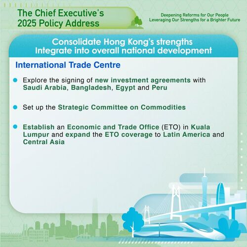 BREAKING: The #policyaddress2025 announces initiatives to strengthen #HongKong’s role as an international trade centre, including exploring the signing of new investment agreements with Saudi Arabia, Bangladesh, Egypt and Peru, setting up of the Strategic Committee on Commodities, establishing an Economic and Trade Office (ETO) in Kuala Lumpur and expansion of the ETO coverage to Latin America and Central Asia.  www.policyaddress.gov.hk  #hongkong #brandhongkong #asiasworldcity #policyaddress2025 #PA2025 #investmentagreements #EconomicandTradeOffice