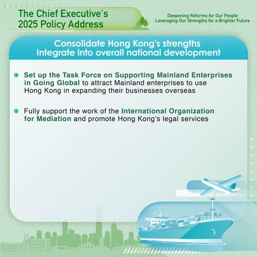 BREAKING: The #policyaddress2025 sets out initiatives to consolidate #HongKong’s strengths and integrate into overall national development, including setting up the Task Force on Supporting Mainland Enterprises in Going Global and fully supporting the work of the International Organization for Mediation.  www.policyaddress.gov.hk  #hongkong #brandhongkong #asiasworldcity #policyaddress2025 #PA2025 #IOMed