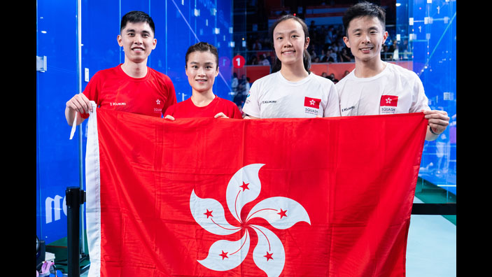 The 20th Asian Games – Tang Ming-hong, Lee Ka-yi, Tse Yee-lam, and Lai Cheuk-nam (left to right) make history by winning both gold and silver medals in the Squash Mixed Doubles event. Photo: Sports Federation & Olympic Committee of Hong Kong, China